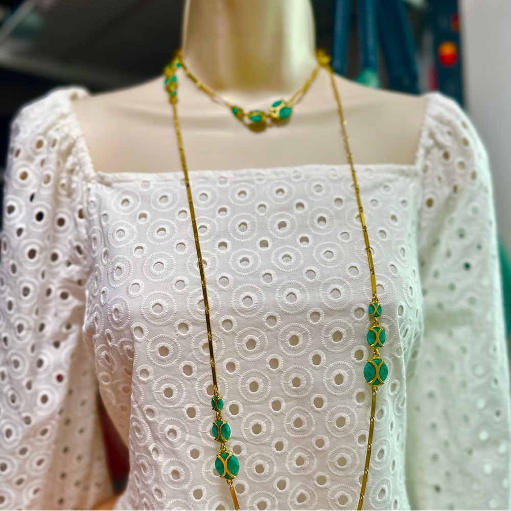 Vintage Extra Long Gold and Jade Green Necklace